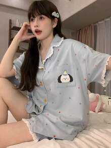 2 piezas/Set Conjunto de pijama para mujer, cuello de solapa abierto con estampado de cachorro lindo y bolsillo delantero, manga corta y shorts simples, cómodo para usar en casa - Azul - Ver 6