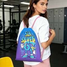 Blue-Purple Gradient 67 Cartoon Number Print Drawstring Backpack, Suitable For Girls And Children, Cute Student Bag Essential, Pink Rope Closure, Playful Travel Accessory, Suitable For Beach Days, Dance Practice, Camping Trips, Weekend Adventures And Daily Carry - SIXTY SEVEN-298 - View 5