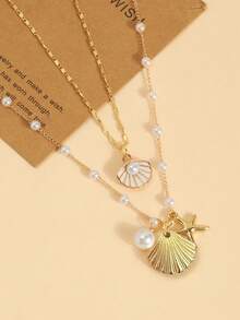 2 Styles Hot-Selling Ocean Pearl Chain Bone Chain Starfish Shell Pendant Multi-Layer Stackable Necklace Jewelry - Seashell Starfish - View 3