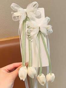 2件組女童蝴蝶結髮夾鬱金香花朵髮夾可愛公主風清新髮飾 - 彩色 - 查看 3