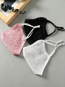 3pcs/1PC Women's Elegant Floral Lace Face Mask, 3D Breathable Fashion Sun Protection Shield, Washable & Reusable Soft Ear Loop Decorative Mask For Daily Outdoor Driving Dating - Multicolor - View 3