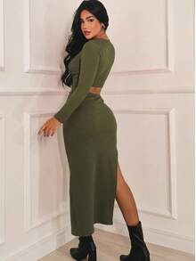 Women's Long Dress With Long Sleeves, Slit, And Side Detail - 軍綠色 - 查看 2