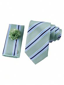 ZONFAZ 3pcs Men's Fashion Versatile Tie Set, 1 Mint Green Diagonal Striped Tie (7.5cm), 1 Pocket Square, 1 Floral Brooch Combination Set, Suitable For Weddings, Celebrations, Parties And Formal Occasions - Mint Green - View 4