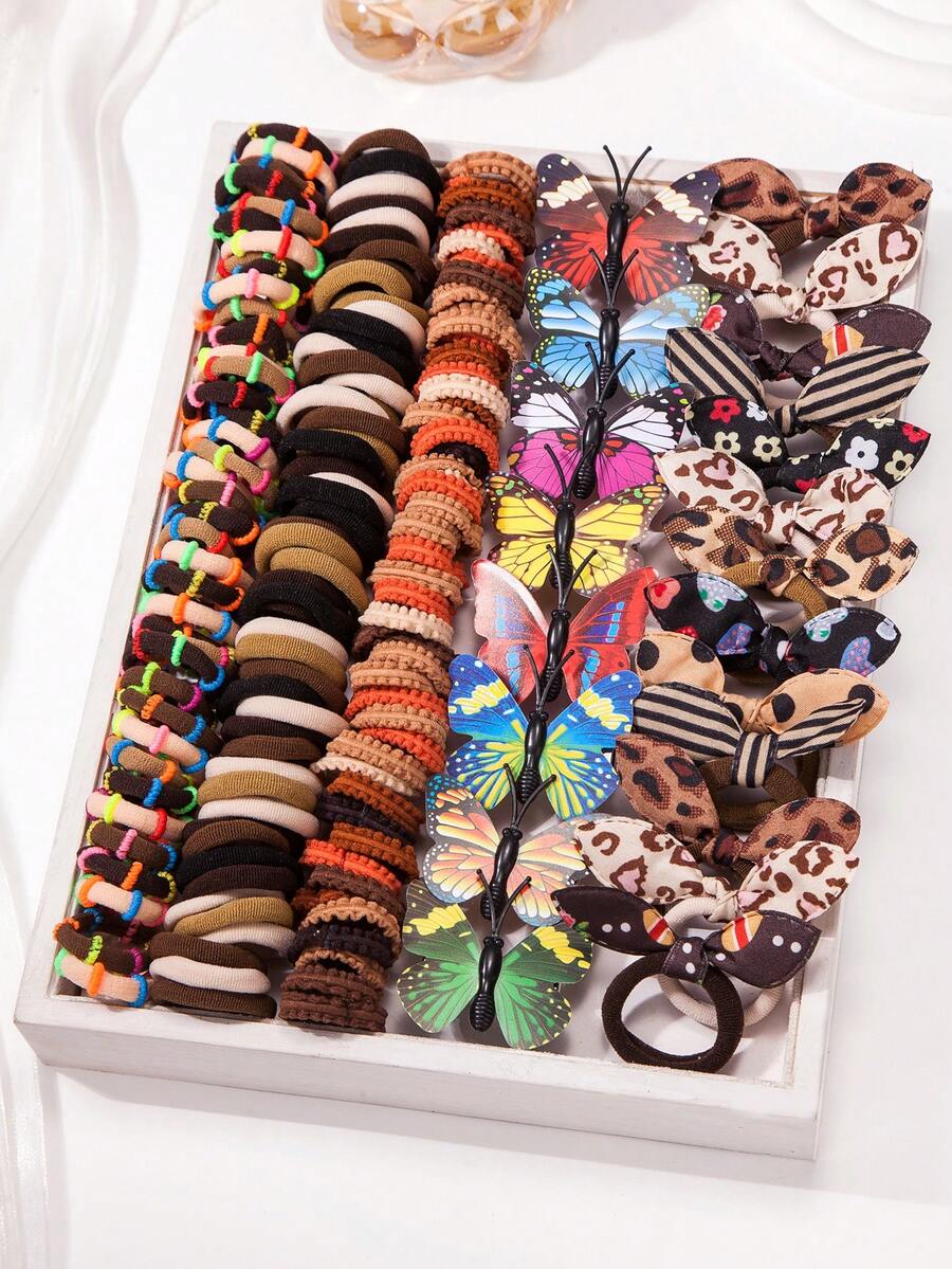 186pcs Assorted Color Hair Scrunchies, Hair Clips, Rubber Bands, Rabbit Ears, Butterfly Hair Accessories, Colorful Hair Flowers & Clips Set For Girls - Coffee Brown - View 1