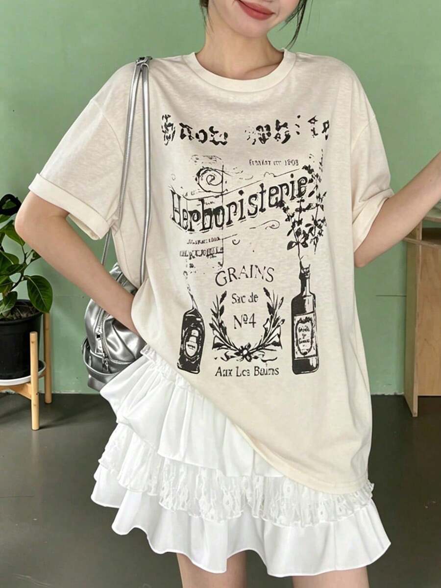 復古美式字母印花短袖珍珠圓領寬鬆休閒T恤 夏季 - 杏色 - 查看 1