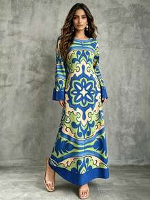 Women's Autumn/Winter Arabic Traditional Turkish Long Dress, A-Line Long Kaftan Robe Jalabiya Vacation Fall - Blue - View 2
