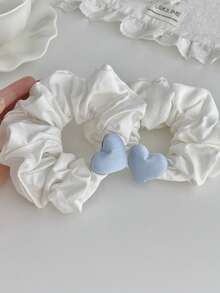 1pc Niche Design Soft Milk Blue Heart White Scrunchie, Cute New Style Hair Tie For Girls - Multicolor - View 5