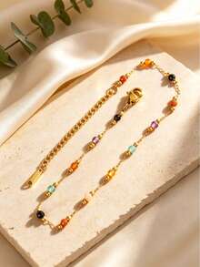 VceTd 4PCS/1PC Vintage Style Colorful Beaded Adjustable Stainless Steel Women's Bracelet Set, Suitable For Daily Wear, Layering Or Summer Gift For Friends - Yellow Gold - View 7