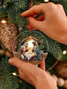 1 Stück 8cm*8cm Jesus Geburtsszene runder Acryl Dekorativer Anhänger, Auto Rückspiegel Dekoration Geschenk, Religiöses Geschenk für Familie und Freunde, geeignet für Ostern, Weihnachten, Alltag und Heimdekoration - Mehrfarbig - Übersicht 1