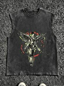 Chaleco sin mangas de cuello redondo casual para hombre, lavado, hecho de 100% algodón, perfecto para vacaciones de verano, con un estampado elegante y estilo callejero Y2K, - Negro - Ver 1