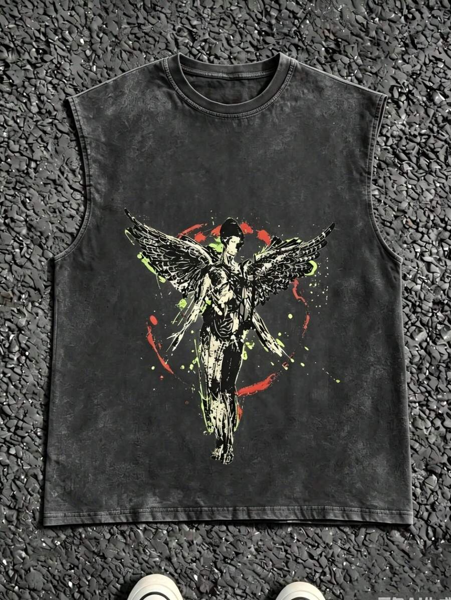 Chaleco sin mangas de cuello redondo casual para hombre, lavado, hecho de 100% algodón, perfecto para vacaciones de verano, con un estampado elegante y estilo callejero Y2K, - Negro - Ver 1