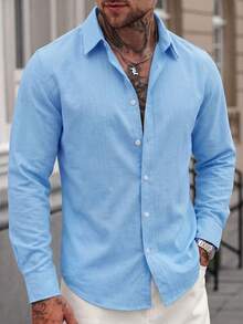 Men's Solid Color Comfortable Casual Single-Breasted Long Sleeve Commuter Shirt - Blue - View 5