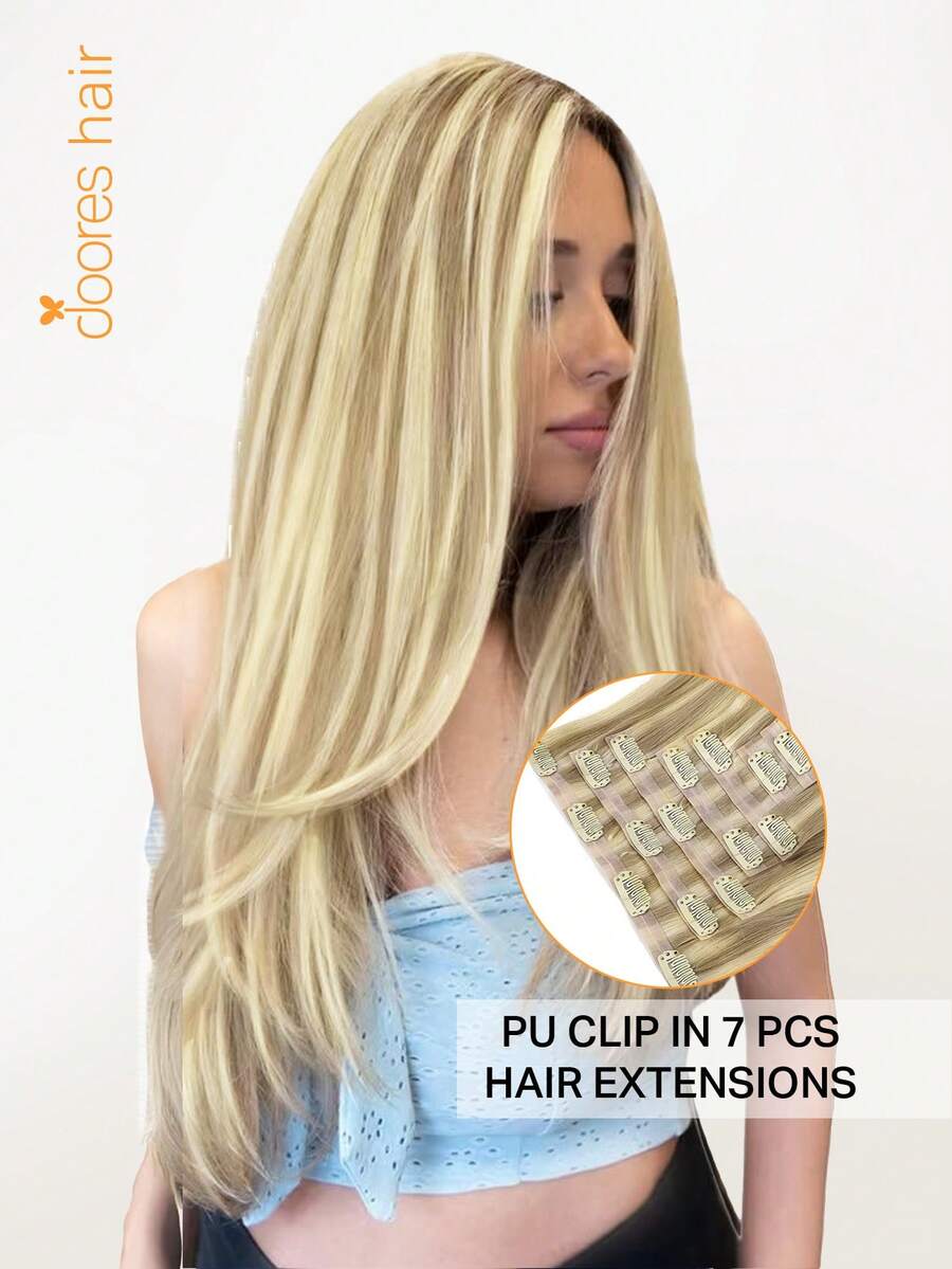 DOORES Extensiones de Cabello Humano Sin Costuras Invisibles con Clips 130g-150g 7pcs/Paquete Rubio Claro con Reflejos Dorados Cabello Remy Virgen Liso Piezas de Cabello con Clips Invisibles PU, Peinable