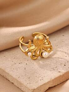 1PC Vintage Faux Pearl Octopus Rings For Women Gold Color Stainless Steel Octopus Opening Ring Beach Vacation Party Jewelry Gift - Multicolor - View 2