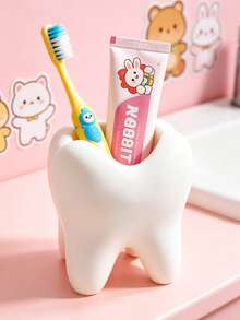1pc Cute White Tooth-Shaped Kids Bathroom Toothbrush Holder Toothpaste Storage Organizer - White - View 4