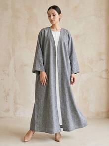 Hafizah 女款長款灰色編織布料 ABAYA 長袍，手腕長袖，飾有月亮刺繡細節 - 灰色 - 查看 6
