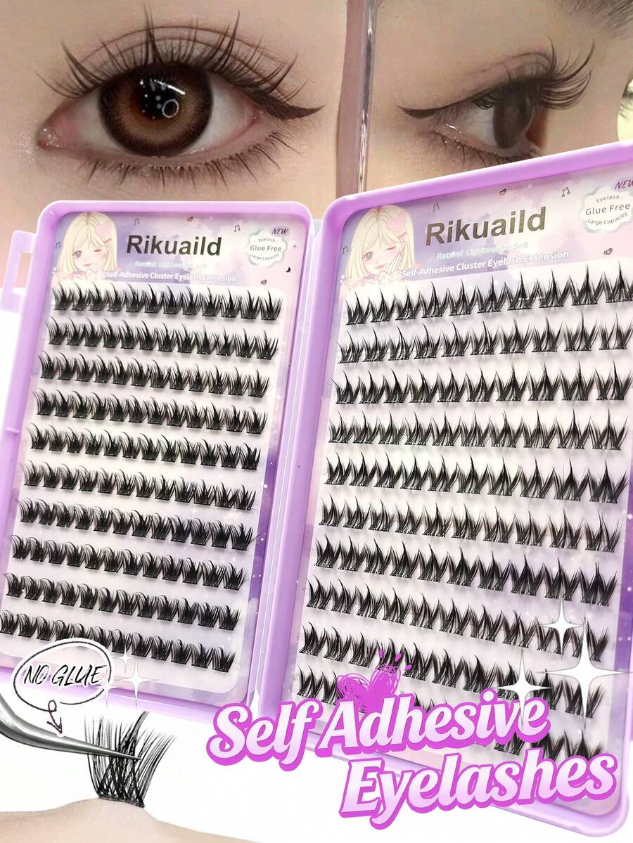 Rikuaild 220pcs C Curl Anime Style Self-Adhesive Cluster False Eyelashes Book, Glue-Free, Large Capacity, Suitable For Beginners, Easy To Carry, Cartoon Natural Single Cluster Eyelashes, DIY Eyelash Extensions, Pre-Glued Cluster Eyelashes - C - View 1