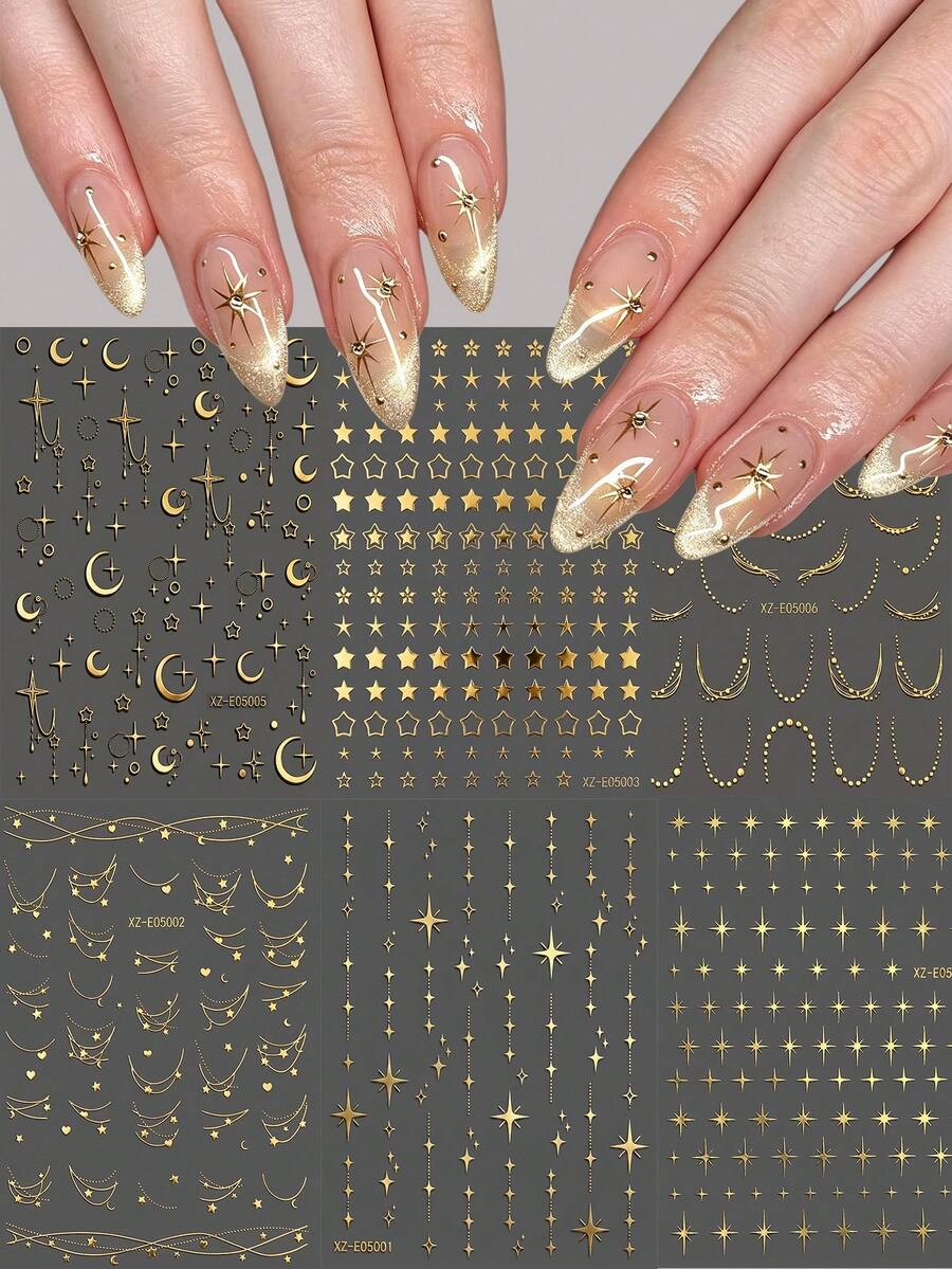 6入金屬金星月美甲貼紙，6張3D自黏星形美甲貼片，金色月亮線條美甲裝飾，DIY美甲用品，適合女性女孩沙龍與居家使用