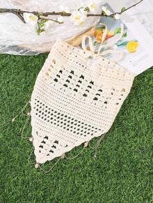 1件女款針織鏤空刺繡三角巾，波西米亞珍珠貝殼吊墜裝飾髮帶，日常海灘旅行度假防曬髮飾，夏季髮帶沙灘頭巾 - 米色 - 查看 5