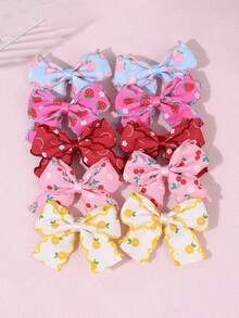 10pcs/Set Fruit Print Bow Hair Clips, Strawberry Cherry Peach Lemon Pattern Ribbon Bows, Cute Children Hair Accessories, Suitable For Daily Wear And Party, Back To School Season - Multicolor - View 8
