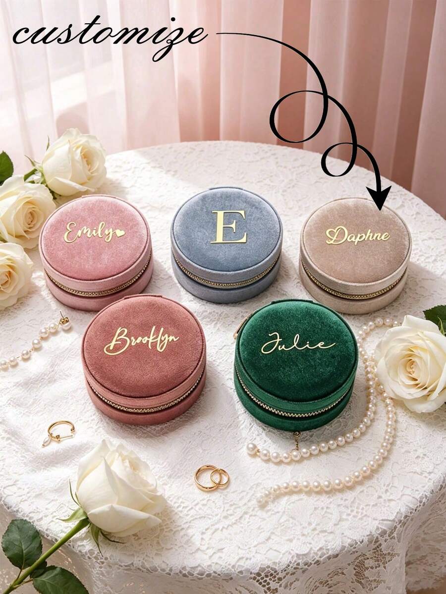 1pc Personalized Velvet Jewelry Box, Desktop Jewelry Box, Portable Jewelry Box, Bridesmaid Gift, Wedding Gift, Newlywed Gift, Girlfriend Gift, Birthday Gift, Mother's Day Gift, Valentine's Day Anniversary Gift, Jewelry - Multicolor - View 1