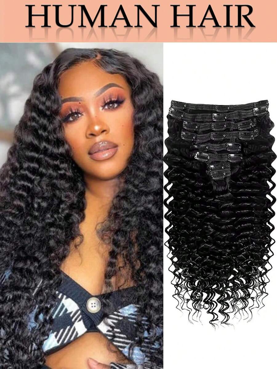 10A Grade 8Pcs Deep Wave Clip In Hair Extensions, 90% Real Human Hair BB Clip Ins Double Weft Hair Pieces Natural Black For Women 18-26 Inches