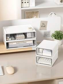 1 pieza Caja de almacenamiento de escritorio de plástico apilable de gran capacidad, rectangular minimalista de color blanco puro con cajón transparente, organizador de artículos de papelería para estudiantes, organizador de escritorio para la vuelta a la escuela - Blanco - Ver 3