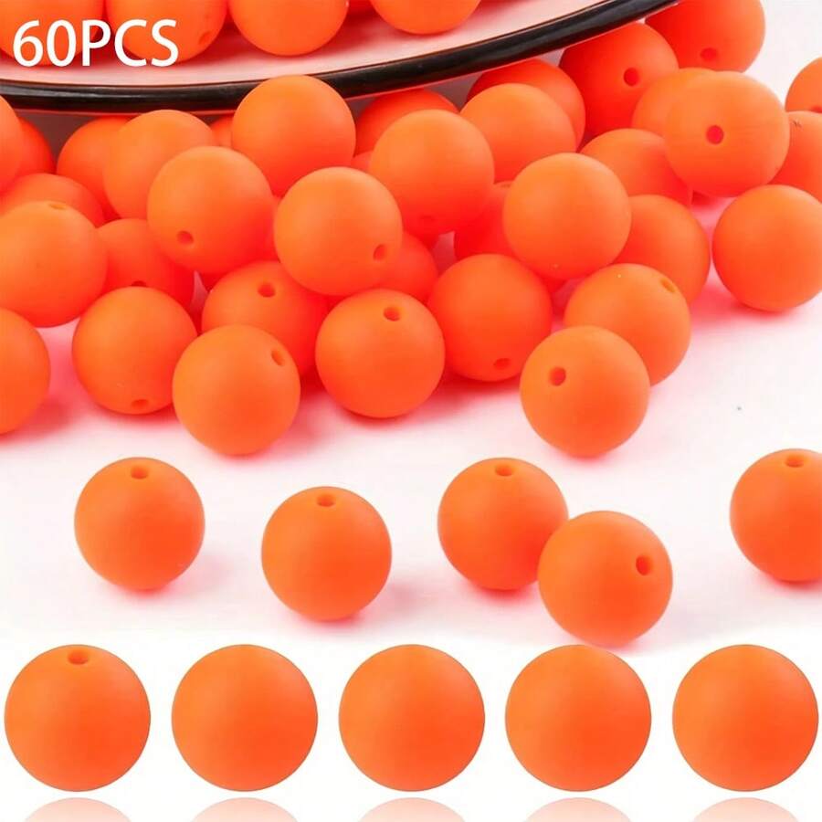 60PCS 15mm Solid Color Silicone Beads Set, Orange White Black Red Purple Round Loose Beads, Adult DIY Accessories, Suitable For DIY Beaded Pens, Earrings, Etc., Perfect As Holiday Birthday Gifts, Beads & Bead Assortments