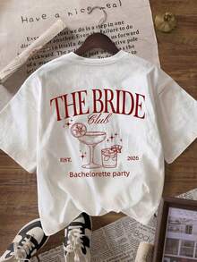 ZZG Es Trus 夏季女款「THE BRIDE Club」圖案印花街頭 Y2K 風格白色圓領大尺碼短袖 T-shirt 上衣休閒款 - 白色 - 查看 4