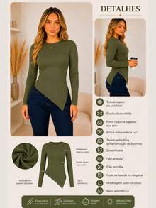Blusa assimétrica manga longa decote redondo basica casual feminina dia a dia - Verde Militar - Visão 5