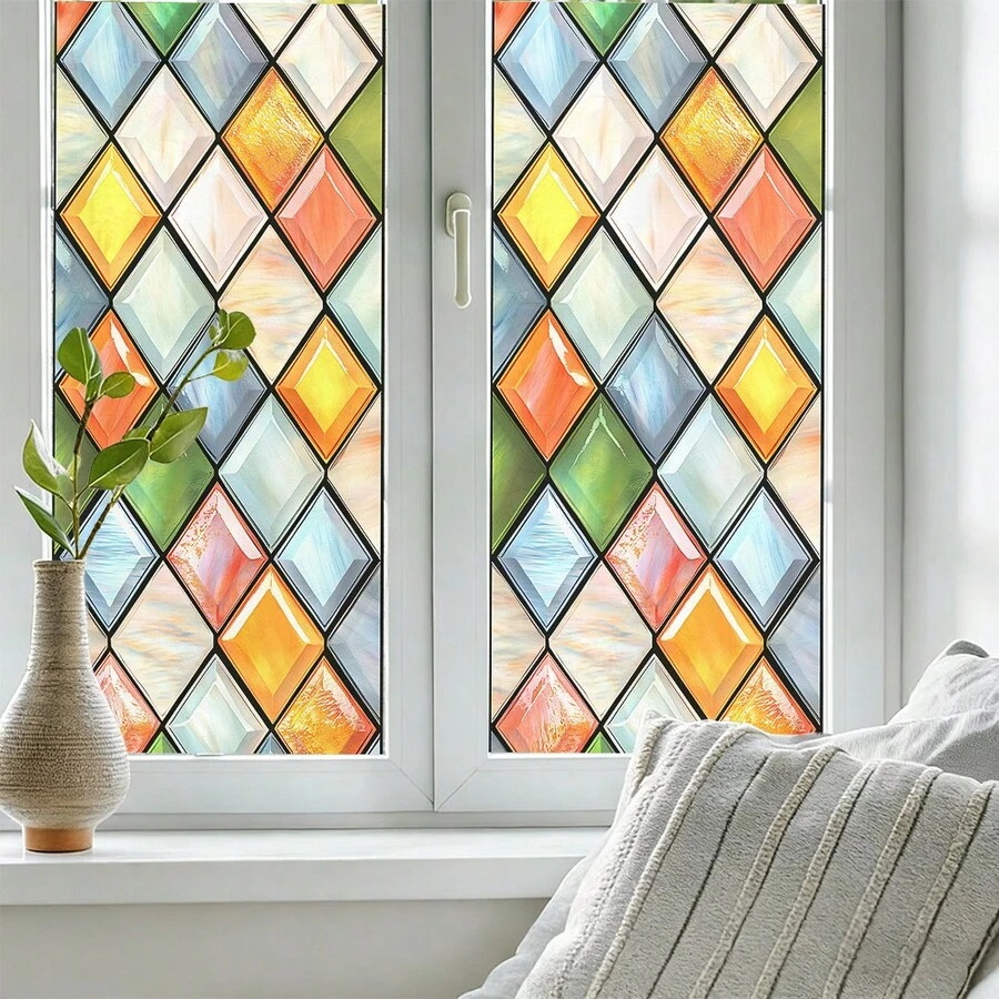 1pc Diamond Water Drop Painted Glass Static Window Film, Colorful Mosaic Frosted Privacy Window Sticker, Suitable For Bathroom, Balcony, Home Window Decoration Gift