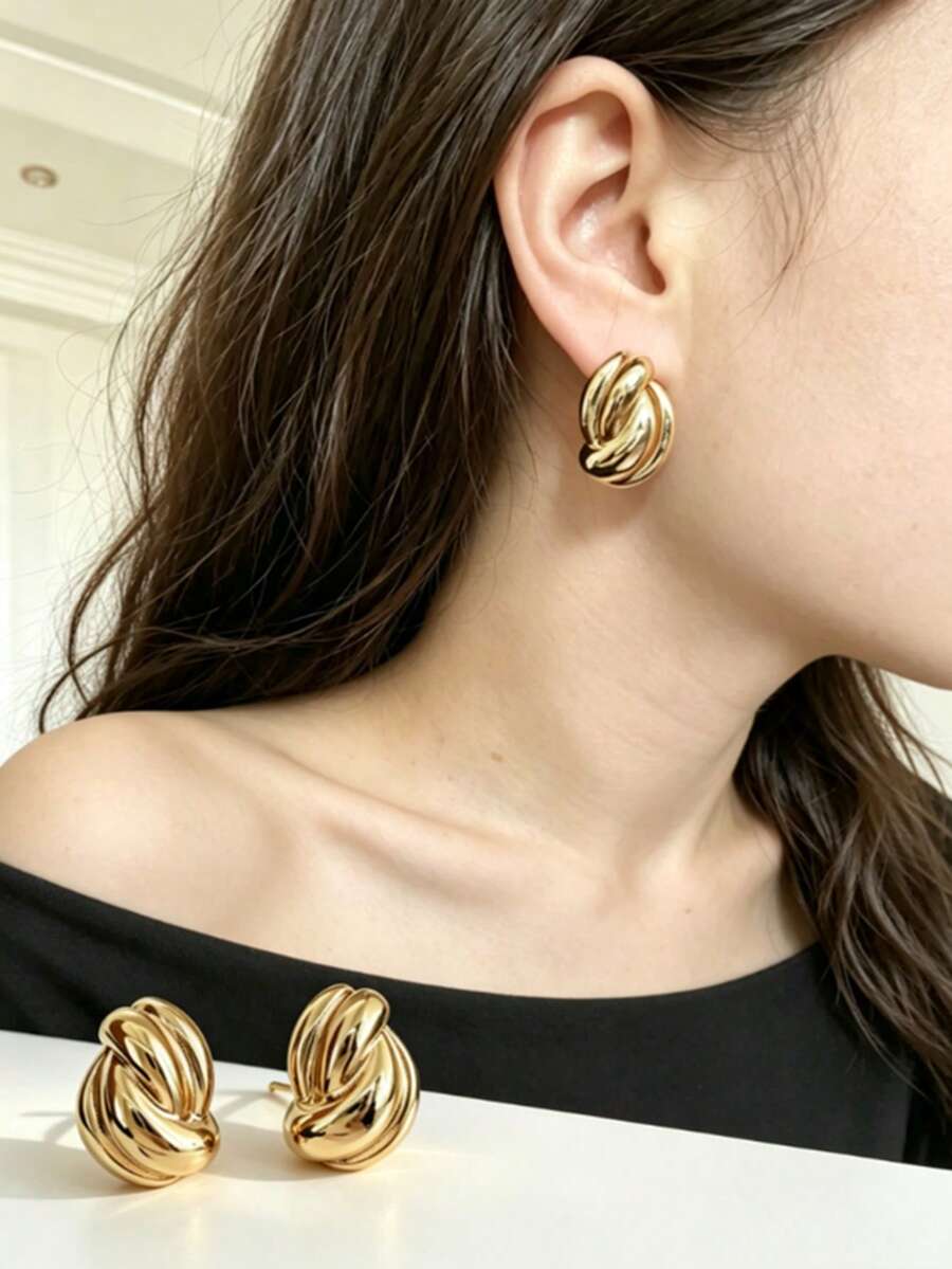 1Pair Gold Plated Twisted Knot Stud Earrings, Minimalist Chunky Textured Button Earrings, Elegant Statement Jewelry For Women, Daily & Office Wear - Earrings - View 1