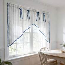 1PC New Japanese Style Linen Blue Striped S-Curved Edge Designer Window Curtain, Small Kitchen Curtain, Multi-Purpose Translucent Decorative Curtain With Rod Pocket Design, Fresh Style Finished Short Curtain - Beige - View 5
