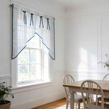 1PC New Japanese Style Linen Blue Striped S-Curved Edge Designer Window Curtain, Small Kitchen Curtain, Multi-Purpose Translucent Decorative Curtain With Rod Pocket Design, Fresh Style Finished Short Curtain - Beige - View 3