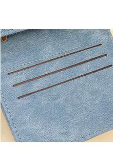 New PU Leather Bifold Short Wallet, Korean Style Solid Color Versatile Minimalist Snap Fold Lightweight Wallet Purse - Blue - View 9