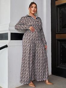 Conjunto de 2 piezas de camisa de manga larga y pantalones con estampado completo para mujer talla grande, nuevo para otoño, adecuado para ir al trabajo, vacaciones y compras - Café integral - Ver 3
