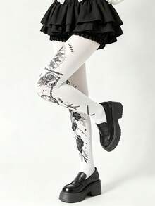 1 Pair Rose Chain Floral Print Plus Size Pantyhose, Sexy Cute Elegant Sweet Romantic, Suitable For Spring/Autumn Date Night And Daily Wear - Multicolor - View 3