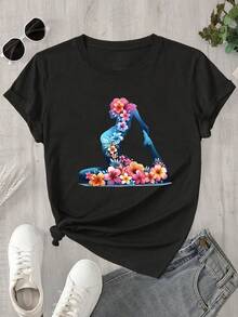 Lightweight White Tee With Yoga Posture And Chakra Design. Comfortable Bohemian Style, Perfect For Meditation And Casual Summer Outfits. - 黑色 - 查看 3