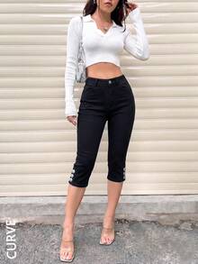 Women's Plus Size Stretch Button Capri Length Jeans, Autumn Essential - Black - View 6