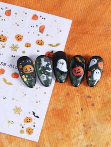 2 Stück Halloween Gruselige Nagelaufkleber, süße Cartoon Kürbis Geist Hexenhut Spinnennetz Nagelaufkleber, selbstklebendes Horror-Stil Nagelkunst Design Nageldekoration - Verschiedenfarbig - Übersicht 4