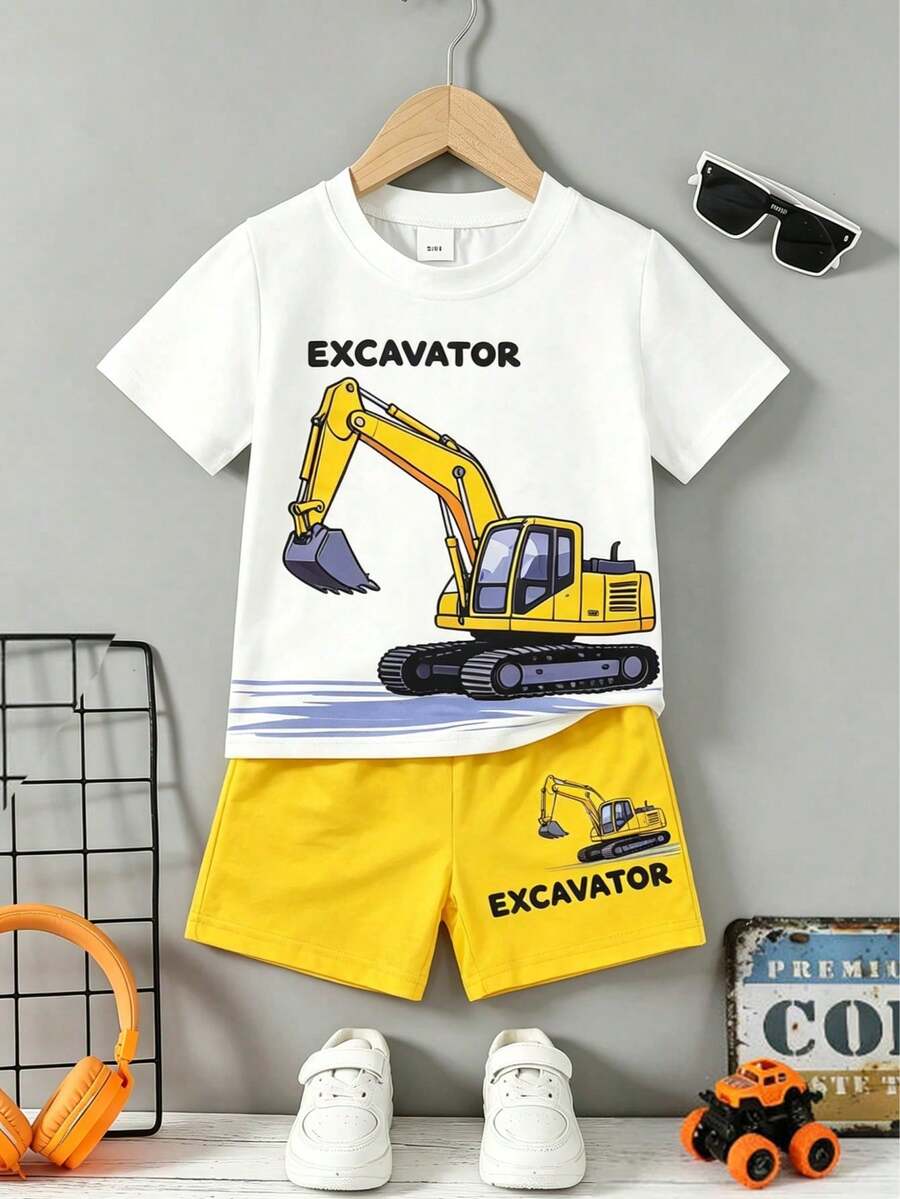 2pcs/Set Boys' Summer Excavator & Number Print Short Sleeve T-Shirt + Shorts, Casual Fashionable Style, Funny Pattern, Suitable For Outdoor Sports, Soft & Breathable, Great For Children - White - View 1