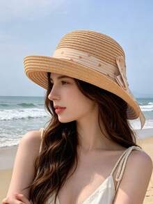1件女款草帽，休閒聚酯纖維草帽，適合日常戶外使用 - 彩色 - 查看 7