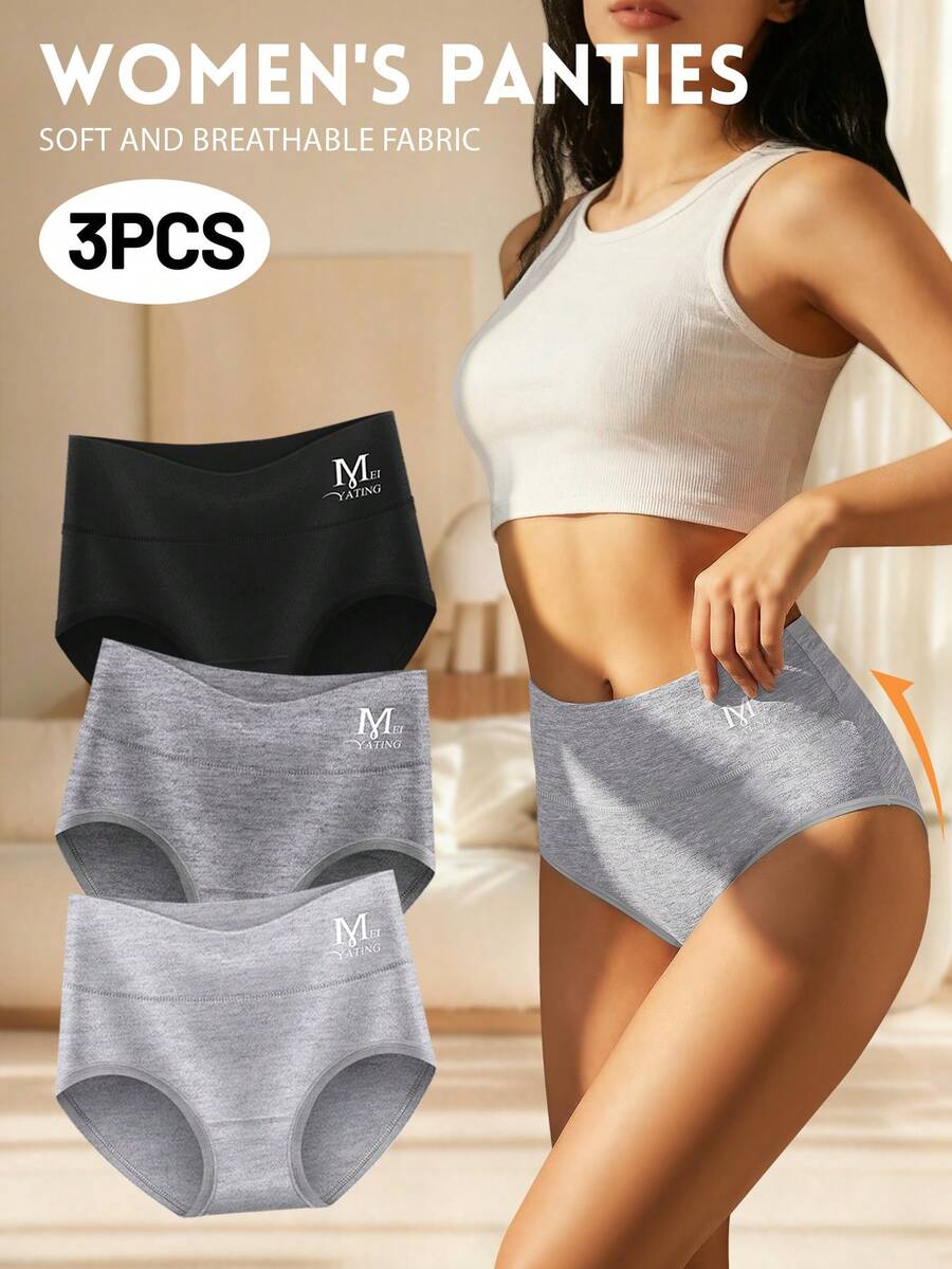MIOTAN 3pcs Women's High Waist Panties Triangle Briefs Solid Color Tummy Control Butt Lifting Daily Underwear