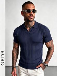 GRDR Suéter de punto de manga corta con cuello de aviador estriado de unicolor para hombre, adecuado para salidas de verano, esencial para un estilo de moda - Azul - Ver 4