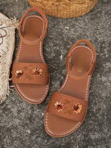 Women's Round Toe Fabric Beaded 3D Sequin Floral Back Elastic Band Flat Sandals, Casual Home Fashion Elegant - Brown - View 5