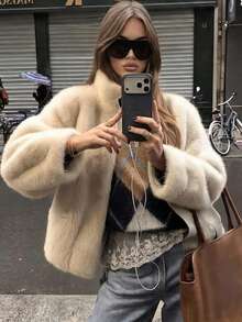 秋冬新款时尚优雅女士简约立领通勤修身仿皮草外套，短款貂皮大衣 - 杏色 - 查看 4