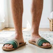 男士夏季亞麻拖鞋，輕量防滑室內臥室拖鞋 - 綠色 - 查看 2