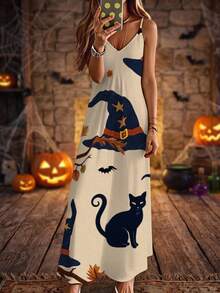 Women'S V-Neck Camisole Maxi Dress Halloween 3D Graphic Print Witch Hat Black Cat Pumpkin Leaves Versatile Maxi Dress - 彩色 - 查看 4