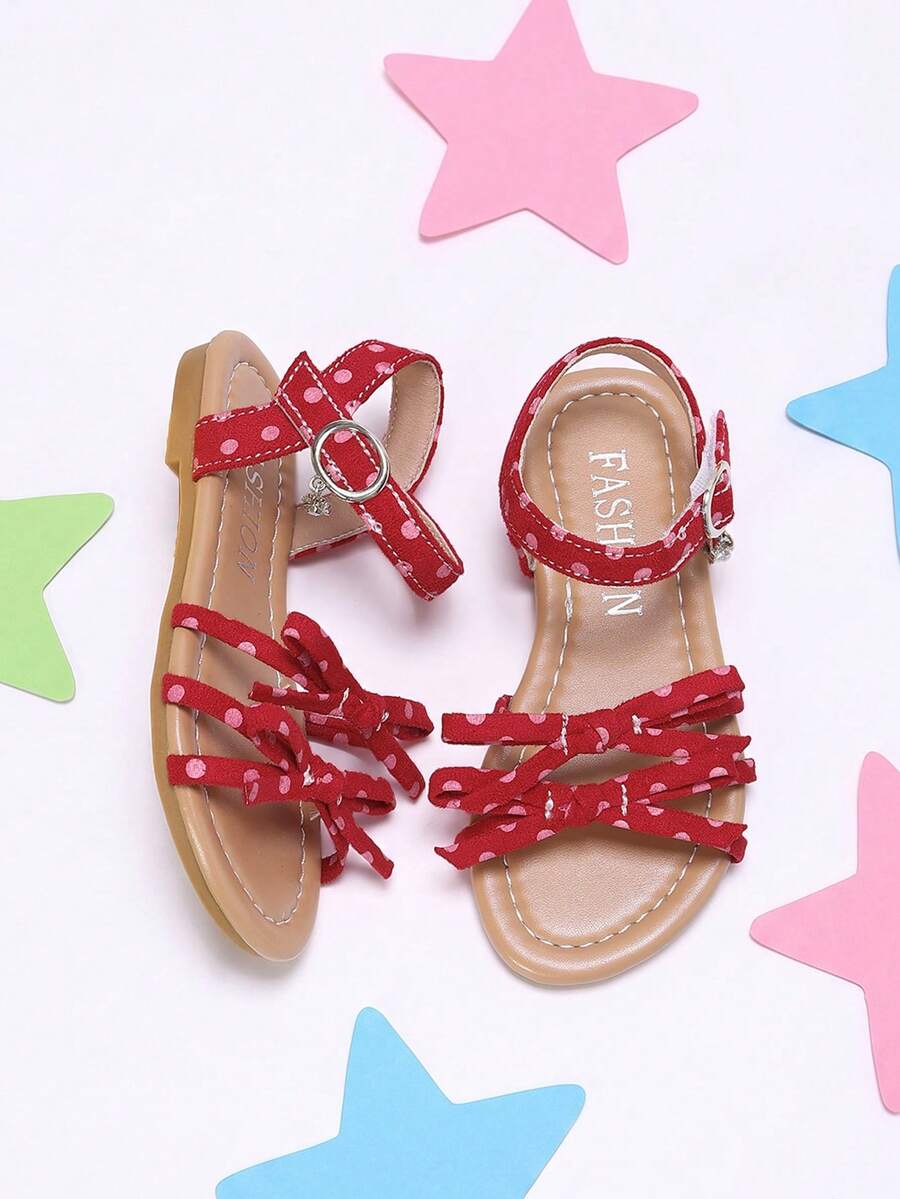 1 Pair Kids Summer Retro Red Polka Dot Flat Sandals, Double Bow With 3-Strap Decor, Rhinestone Pendant Design, Princess Style Girls Sandals, Hook And Loop Closure For Easy On/Off, Suitable For Beach, Outdoor Activities, Daily Wear, Fashionable And Minimalist - Red - View 1
