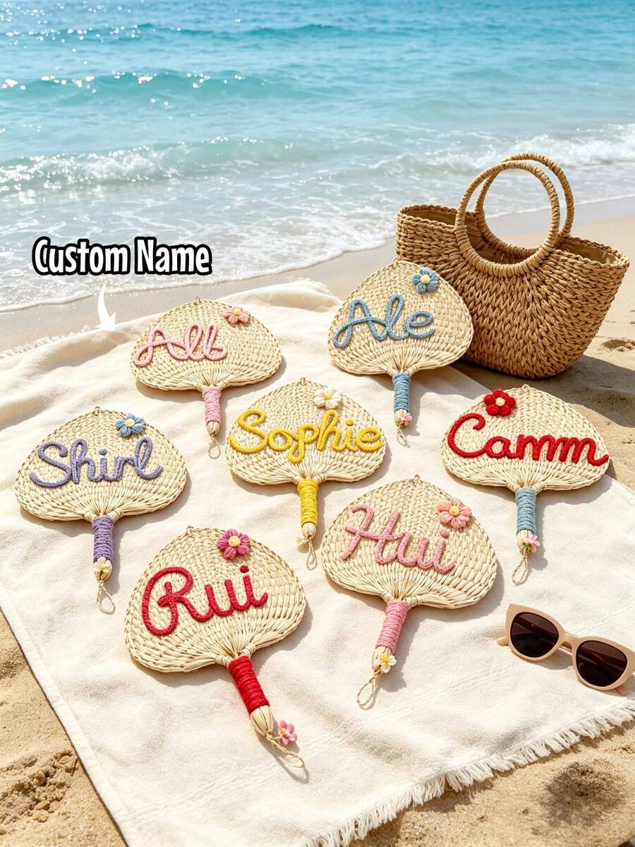 1PC Personalized Woven Straw Fan,Custom Your Name, Boho Decor,Wedding Fans ,Personalized Party Favors,Woven Hand Fans, Handmade Natural Gifts - Multicolor - View 1